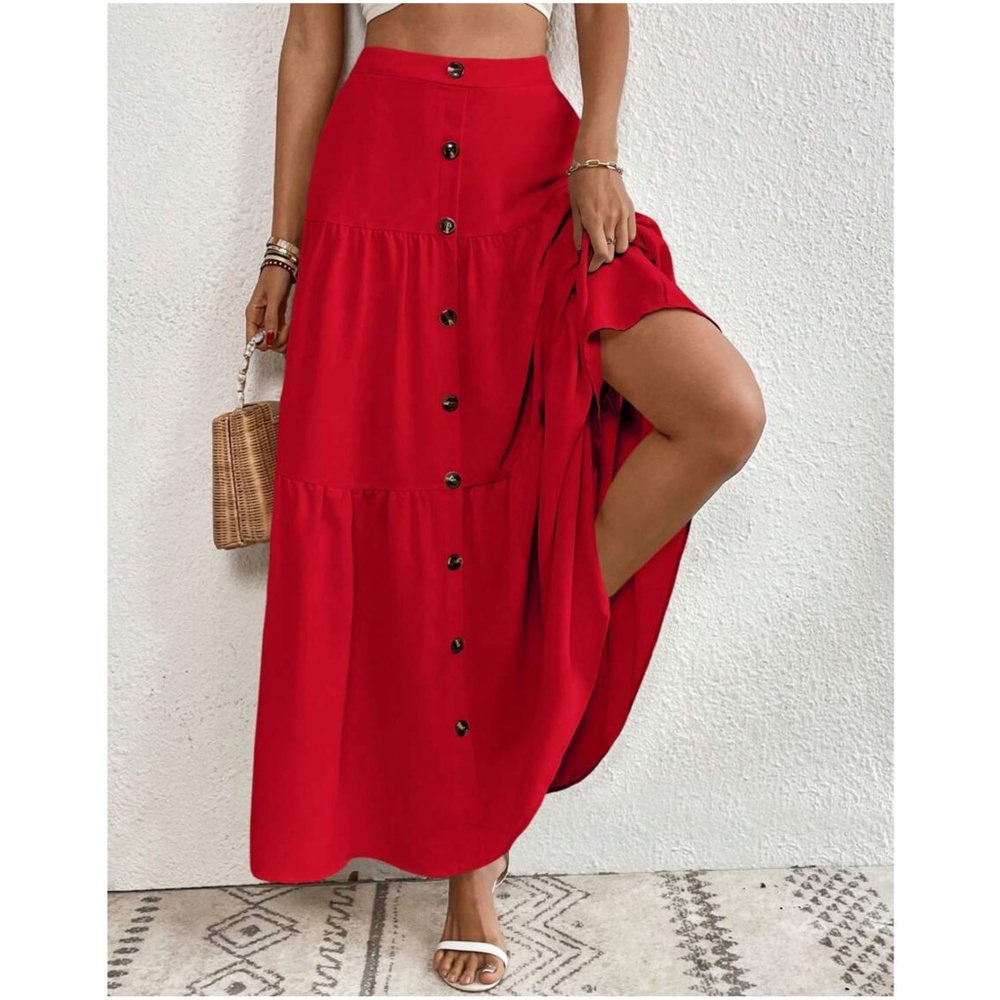 Solid High Waist Button Detail Ruffle Hem Maxi Skirt - Picture 6 of 15
